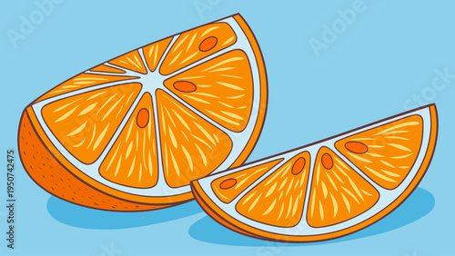 Juicy orange citrus slices vector illustration with bright color and clean lines. Perfect for beverage packaging, vitamin C health concepts, summer fruit design, organic food branding, and menu