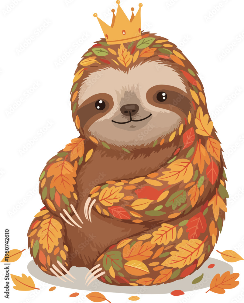 Obraz premium Cute Sloth King Autumn Leaves Costume Adorable Illustration
