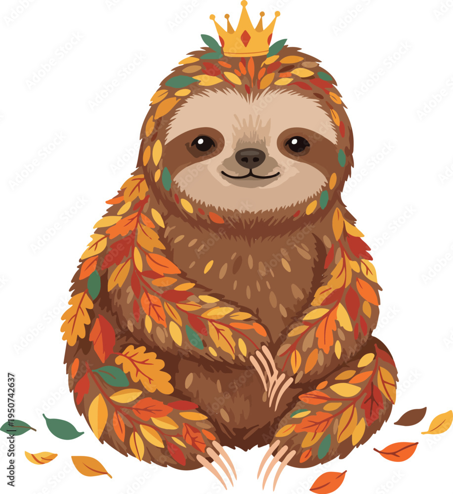 Fototapeta premium Cute Sloth King Autumn Leaves Crown Isolated Vector