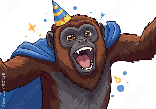 Excited Monkey in Blue Cape and Party Hat Isolated on White with Stars