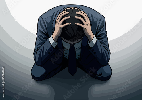 Man In Suit Kneeling With Hands On Head Expressing Despair