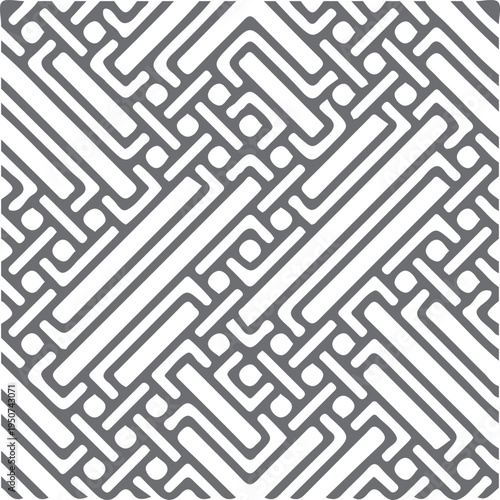 A detailed monochromatic geometric pattern featuring repeating interlocking lines and small circles