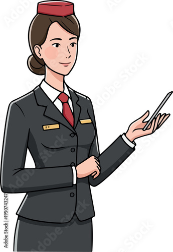 Flight Attendant In Dark Suit Red Tie And Hat Pointing At Screen