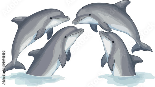 Four Dolphins Playful Underwater Scene Vector Illustration