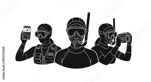 Set of 3 scuba divers vector icons