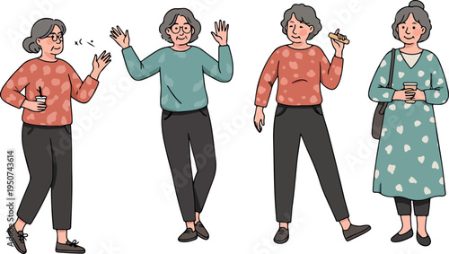 Four Women Poses with Autumn Colors Flat Design Isolated Objects