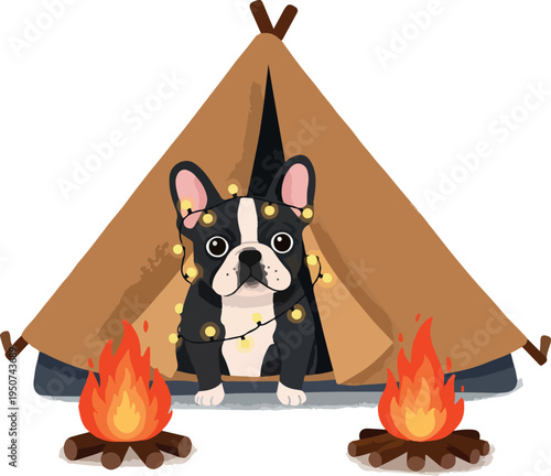 French Bulldog in Tent with Campfire and Fairy Lights
