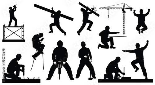 Set of 12 construction worker silhouettes vector