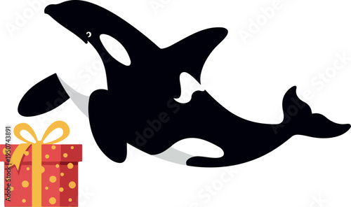Orca Whale with Gift Box Vector Flat Design Isolated Object