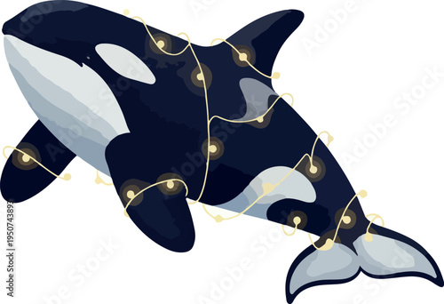 Orca Killer Whale Wrapped In Warm String Lights Isolated White Background