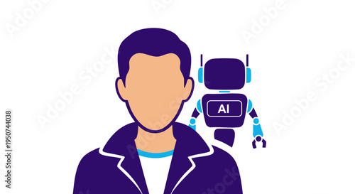 Vector illustration of a user profile next to a small artificial intelligence robot companion design.