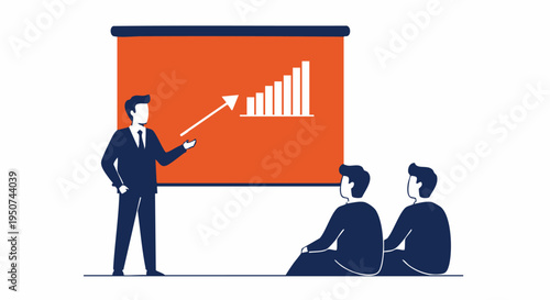 Business professional presenting rising sales chart data during a corporate training seminar, vector illustration.