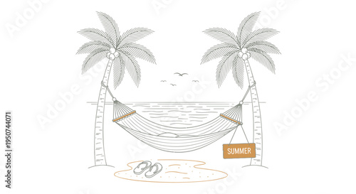 Vector illustration of a hammock between two palm trees on a beach