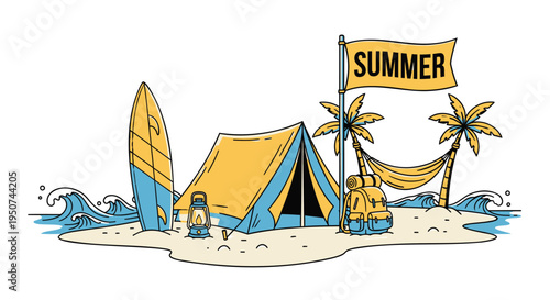 Summer beach vacation vector illustration with surfboard tent and palm trees