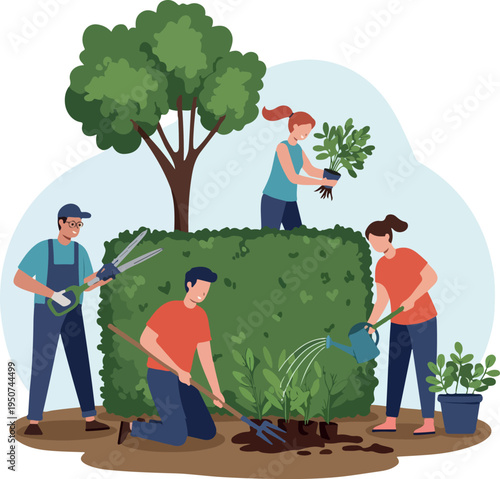 People Gardening Planting Trees And Bushes In The Garden Flat Design