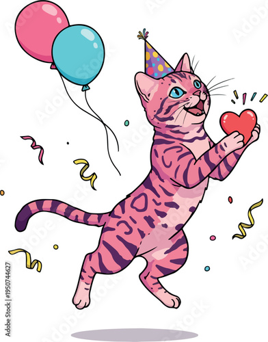 Pink Cat With Blue Eyes Wearing Party Hat Holding Heart Balloons Confetti