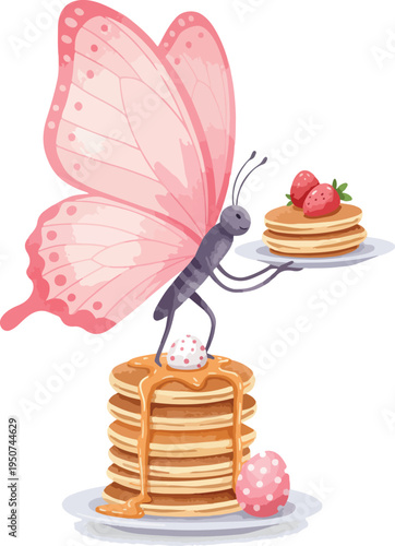 Pink Butterfly Serving Stacked Pancakes with Strawberries and Syrup