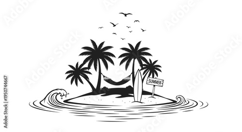 Tropical island vector illustration with palm trees and hammock