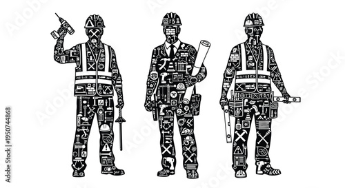 Set of 3 construction worker icons vector