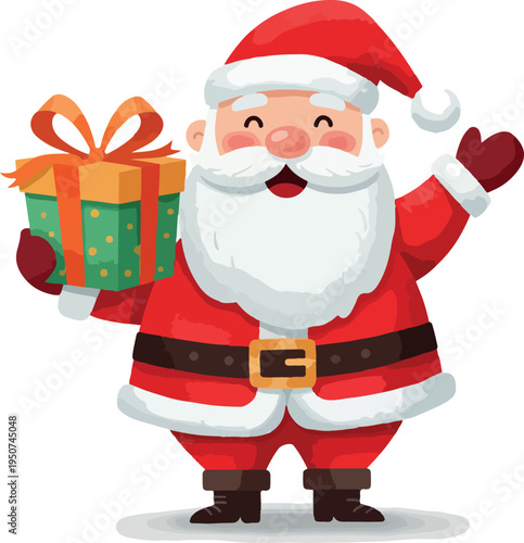 Happy Santa Claus Holding Gift Box Isolated on White Background