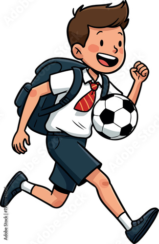 Happy School Boy Running With Soccer Ball Isolated Vector Art