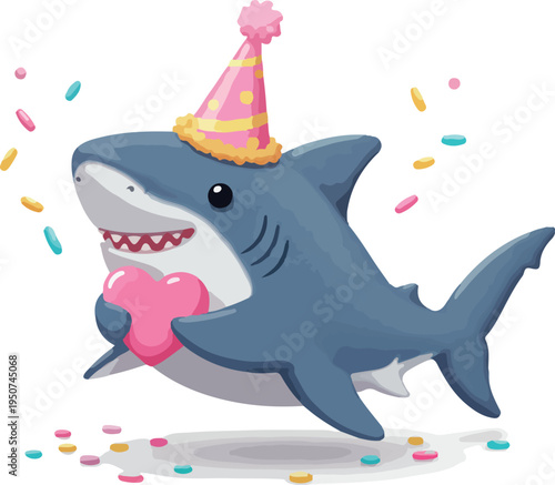 Happy Shark Wearing Birthday Hat Holding Pink Heart Pixel Art Isolated