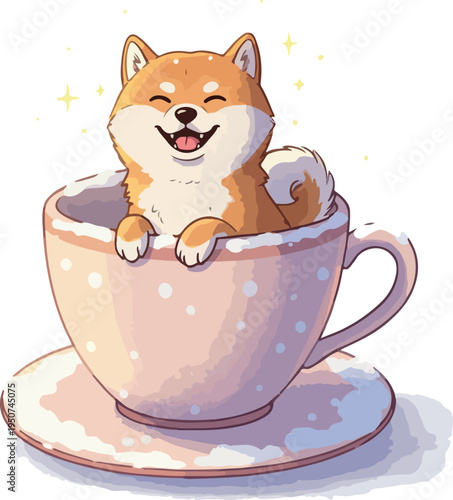 Happy Shiba Inu Dog in Teacup Pixel Art Cute Kawaii Pastel Colors