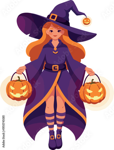 Happy Witch Holding Pumpkins Purple Outfit Halloween