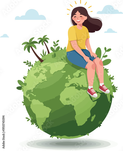 Happy Woman Sitting On Green Earth With Trees Clouds Yellow Top Blue Shorts