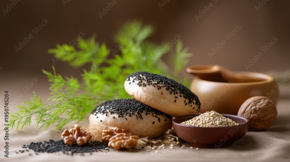 Obraz premium Black sesame seed buns with walnuts and sesame seeds on a textured surface, accompanied by a clay pot and green herbs in the background