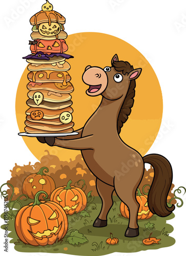 Horse Serves Stack Of Halloween Pancakes Autumn Leaves Pumpkins Orange Background