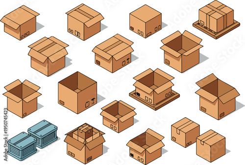 Isometric Cardboard Boxes Set Flat Design Isometric Illustration