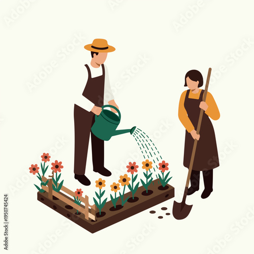 Isometric Gardeners Watering Plants With Watering Can Minimalist Flat Design