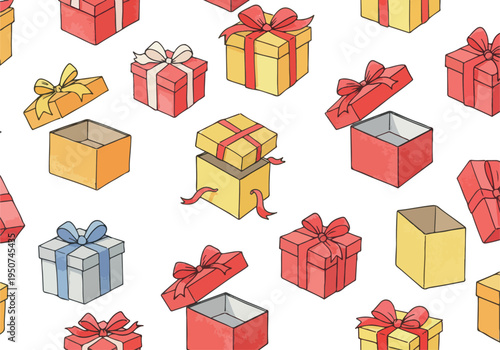 Isometric Gift Boxes Pattern Red Yellow Blue White Background