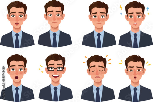 Pixel Art Business Man Diverse Emotions Set Blue Suit