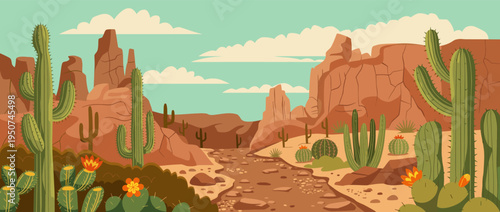 Beautiful desert landscape illustration featuring saguaro cacti and red rock formations with a winding dirt path under a clear blue sky for western themed commercial design projects