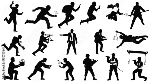 Set of 16 business people running vector silhouettes