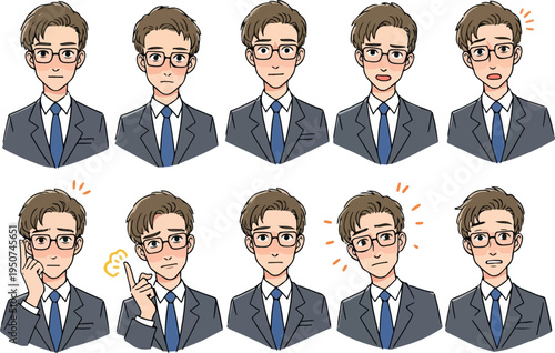 Pixel Art Businessman Emoticons Expressing Various Emotions in Flat Design