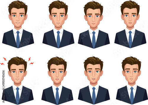 Pixel Art Businessman Avatar Icons Set Blue Suit Tie Isolated