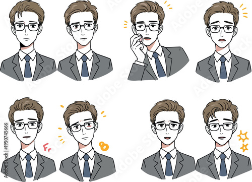 Pixel Art Businessman Expressions Set Gray Suit Blue Tie