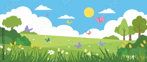 Vibrant spring landscape banner illustration with colorful butterflies flying over lush green meadow fields and blooming wildflowers under a sunny blue sky for seasonal marketing designs