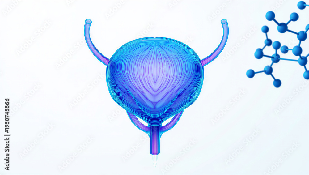© Hossain - Medical illustration of human female reproductive system with blue uterus and molecular structure transparent background