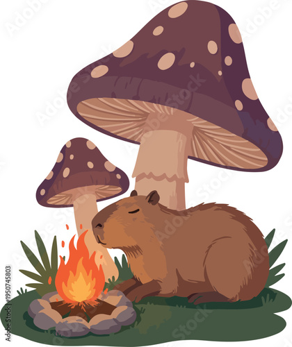 Pixel Art Capybara Sits By Campfire Near Mushrooms Cozy Nature Scene
