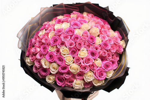 Large bouquet of pink and white roses wrapped in black and gold paper transparent background