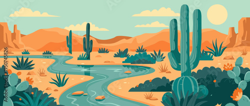 Beautiful desert landscape illustration with a winding river oasis flowing through saguaro cacti and blooming desert plants under a sunny sky for western themed travel and nature designs