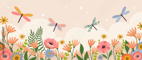 Beautiful panoramic flat vector illustration of a blooming spring garden featuring colorful dragonflies flying over a meadow of wildflowers and poppies under a soft pastel sky background