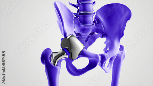 Medical illustration of human pelvis with metal hip replacement prosthetic implant transparent background
