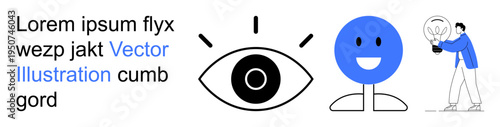 Vision, creativity, innovation, design thinking, idea generation, and human interaction. Central eye icon, smiling face and man holding a lightbulb. Vision and creativity as key ideas