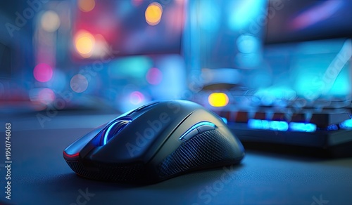 Close-up of a gaming mouse with blue LED lights on a desk with a blurred background.