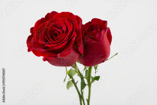 Two red roses with green stems and leaves on light gray background transparent background